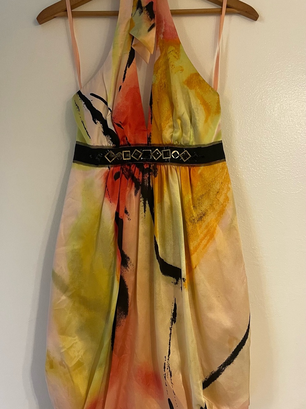 BCBG Max Azria Silk Watercolor Halter Bubble Dress Size 4 Y2K